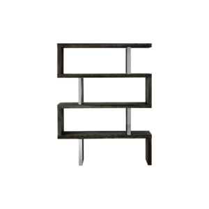 LANDON Shelf – four-tier modular shelf with black ash-finished elm wood and polished stainless steel, ideal for industrial and contemporary spaces.