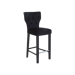 SABINA Barstool with black fabric upholstery, diamond-button backrest, sturdy black rubberwood legs, and metal footrests, perfect for modern interiors.