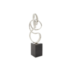 ZIA Sculpture featuring a handcrafted silver nickel finish with elegant curves, mounted on a black granite base, perfect for modern interiors.