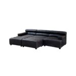 GEORGE Ottoman with distressed slate grey leather upholstery, deep channel tufting, and eco-friendly rubberwood feet for a stylish and modern design.