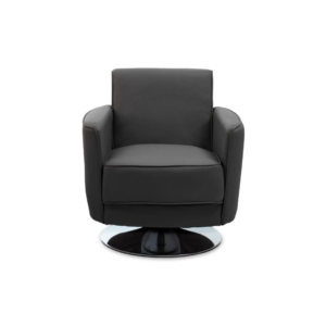 GRANT Armchair with grey leather-effect upholstery and chrome base, perfect for modern living rooms or office spaces.