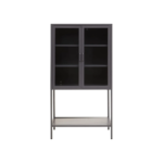 LOFT Cabinet in grey powder-coated metal with glass doors, open bottom shelf, and industrial design.