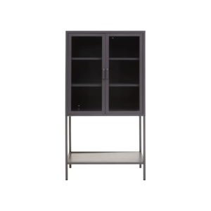 LOFT Cabinet in grey powder-coated metal with glass doors, open bottom shelf, and industrial design.