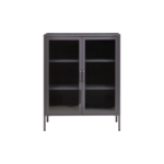 LOFT Sideboard in grey powder-coated metal with glass doors and adjustable shelves for compact storage.