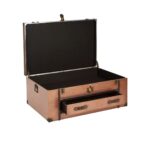 JONO Trunk with copper finish, dark brown faux leather details, brass-colored studs, and ornate metal key lock.