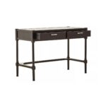 MESA Desk with black finish pine wood, metallic silver handles, carved legs, and two drawers for a functional and elegant home office solution.