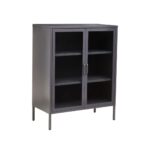 LOFT Sideboard in grey powder-coated metal with glass doors and adjustable shelves for compact storage.