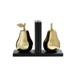 Set Of 2 Pear Bookends with black bases and gold-finish pears, featuring removable lids for hidden trinket storage.