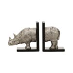 TALON Rhino Bookends with black marble bases and reflective silver rhino head and rear designs, perfect for decorative book organization.