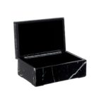 ZANE Small Jewellery Box with black glass marble effect, white streaks, and soft black fabric interior for elegant jewellery storage.