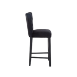 SABINA Barstool with black fabric upholstery, diamond-button backrest, sturdy black rubberwood legs, and metal footrests, perfect for modern interiors.