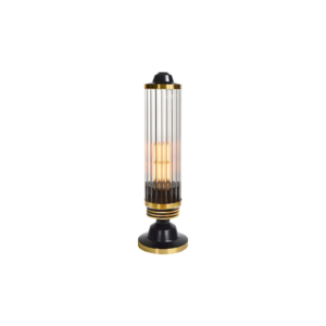 Table lamp with a solid brass and glass design, featuring a black and brushed brass finish, integrated dimmer switch, and E27 socket for versatile lighting.