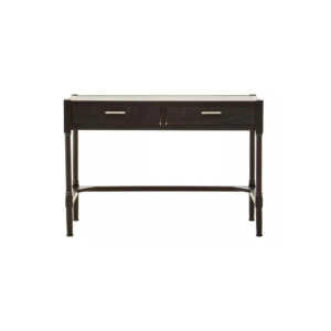 MESA Desk with black finish pine wood, metallic silver handles, carved legs, and two drawers for a functional and elegant home office solution.