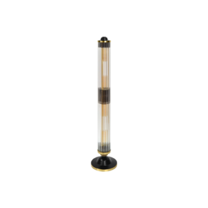 Modern cylindrical floor lamp made of solid brass and glass with a black and brushed brass finish. Features integrated dimmer and 4 E27 sockets.