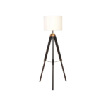 CROSSLINE Floor Lamp with black wood tripod base, white linen cylinder shade, and adjustable height.