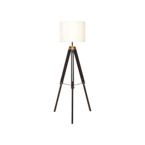 CROSSLINE Floor Lamp with black wood tripod base, white linen cylinder shade, and adjustable height.