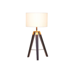 CROSSLINE Table Lamp with black wood tripod base, white linen cylinder shade, and adjustable height.