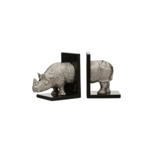 TALON Rhino Bookends with black marble bases and reflective silver rhino head and rear designs, perfect for decorative book organization.