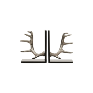 Set Of 2 Antler Bookends with silver metallic antlers and black marble bases for rustic and elegant decor.