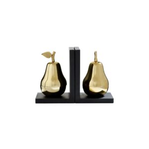 Set Of 2 Pear Bookends with black bases and gold-finish pears, featuring removable lids for hidden trinket storage.