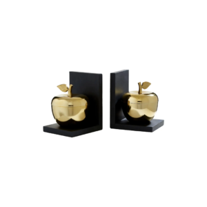 Set Of 2 Apple Bookends with black bases and gold-finish apples, featuring removable lids for discreet trinket storage.