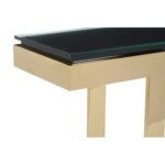 ORANA Console Table with a black top, clear glass panel, and a bright gold stainless steel frame, adding luxury and contrast to modern interiors.