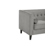 ELI Sofa with grey velvet upholstery, button-tufted backrest, bolster pillows, and black slanted oak legs, designed as a three-seat sofa.