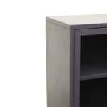 LOFT Cabinet in grey powder-coated metal with glass doors, open bottom shelf, and industrial design.