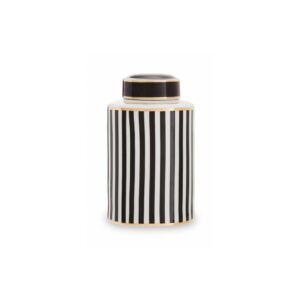 SETH Small Jar with black, white, and gold stripes on ceramic, a sophisticated decorative accessory for modern interiors.