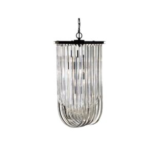 ARDEN Long Pendant light with cascading crystal strips and a robust black iron frame, ideal for boutique-style interiors.