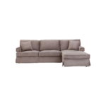 MAVER three-seater sofa in mink velvet with chaise lounge, featuring cushioned seats, padded key-style arms, and a wooden base.