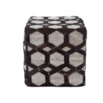 Cube-shaped OWEN Pouffe with light oatmeal jacquard, dark brown leather hexagonal patterns, and bold black zig-zag stitching.