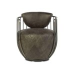 VINCE Swivel Chair with distressed ebony leather upholstery, quilted seat detailing, and an iron swivel frame.