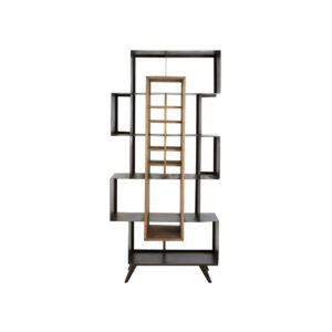 LANCE Shelf Unit featuring rustic weathered pinewood shelves, a bold angular black iron frame, and a central compartment for wine bottles.