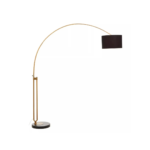 HUGH Floor Lamp with an arched brass frame, black fabric shade, and black marble base.