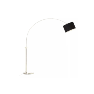 HUGH Nickel Floor Lamp with an arched nickel frame, black fabric shade, and chrome finish base.