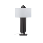 LUXU Table Lamp with a black iron pipe structure, rectangular base, and white linen shade.