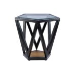 EVAN Side Table with clear pentagonal glass top and black geometric metal frame for a stylish modern look.