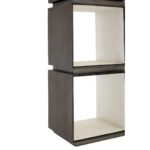 HARVEY Shelf Unit with distressed silver iron frame, dark grey concrete compartments, and crisp white interiors – a modern industrial storage display.