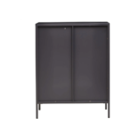 LOFT Sideboard in grey powder-coated metal with glass doors and adjustable shelves for compact storage.