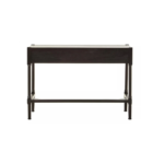 MESA Desk with black finish pine wood, metallic silver handles, carved legs, and two drawers for a functional and elegant home office solution.