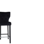 SABINA Barstool with black fabric upholstery, diamond-button backrest, sturdy black rubberwood legs, and metal footrests, perfect for modern interiors.