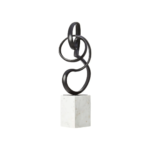 MARCA Knot Sculpture with abstract black metal knot and white marble block base, offering a modern and luxurious statement for contemporary interiors.