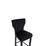 SABINA Barstool with black fabric upholstery, diamond-button backrest, sturdy black rubberwood legs, and metal footrests, perfect for modern interiors.