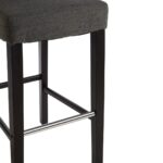 SABINA Charcoal Barstool with soft charcoal fabric upholstery, diamond-button backrest, sturdy black rubberwood legs, and sleek metal footrests.