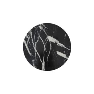 A round black marble LANDRA Chopping Board with unique veining, perfect for chopping and serving in style.