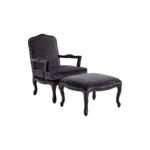 MARVIN Lounge Chair and footstool set in dark grey velvet with a black painted wooden frame.