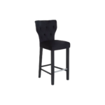 SABINA Barstool with black fabric upholstery, diamond-button backrest, sturdy black rubberwood legs, and metal footrests, perfect for modern interiors.