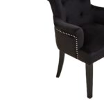 LEWIS Dining Chair upholstered in black velvet with buttoned back, silver stud accents, ring-back detail, scrolled armrests, and black rubberwood legs.