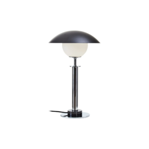 MONARCH Table Lamp with silver metal body, black marble base, glass globe, and black flying saucer-style lampshade.